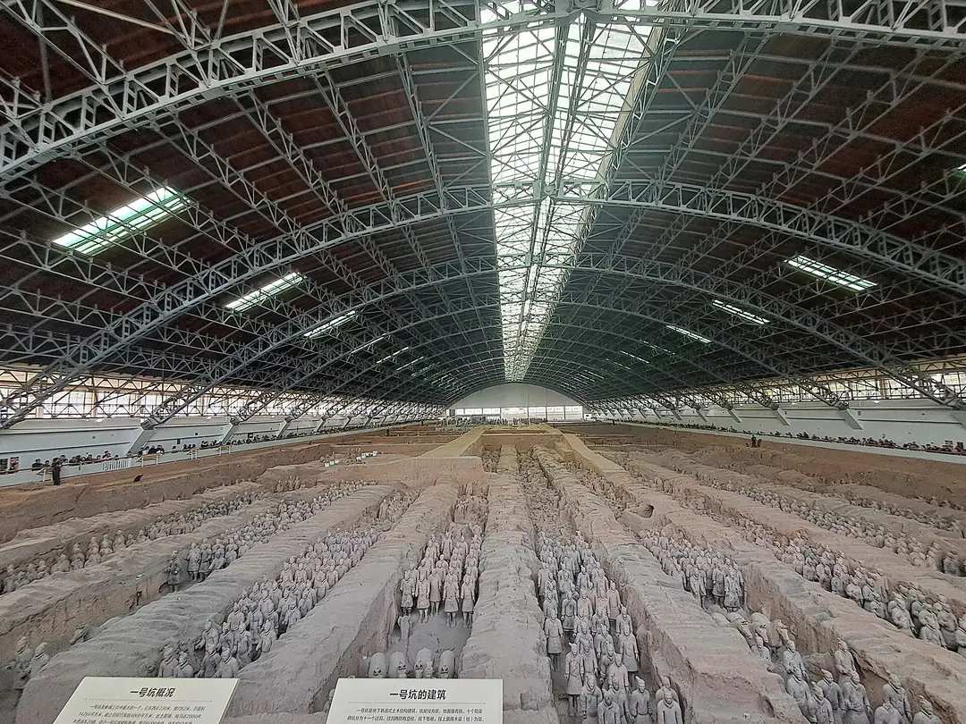 Rows of terracotta soldiers in the long trenches of Pit 1 under the arched roof of the exhibition hall