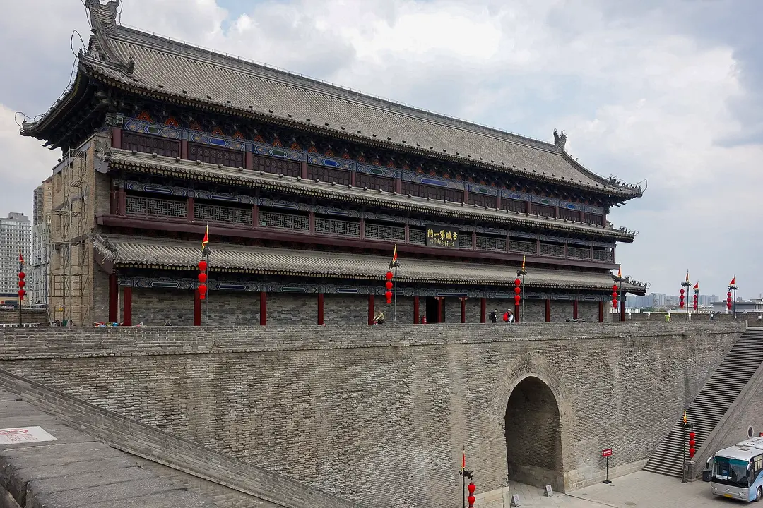 The large wooden gate tower of Yongning Gate, the South Gate, above its brick archway
