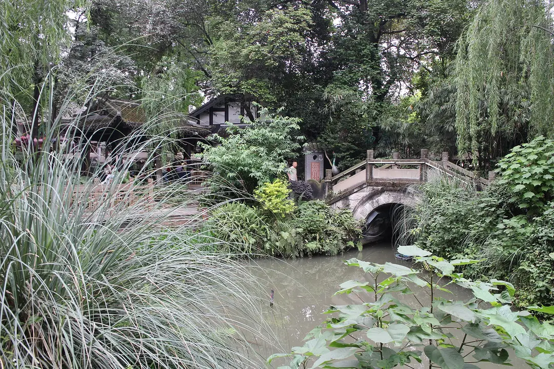 A stone footbridge over a pond among willows and reeds in People's Park, Chengdu