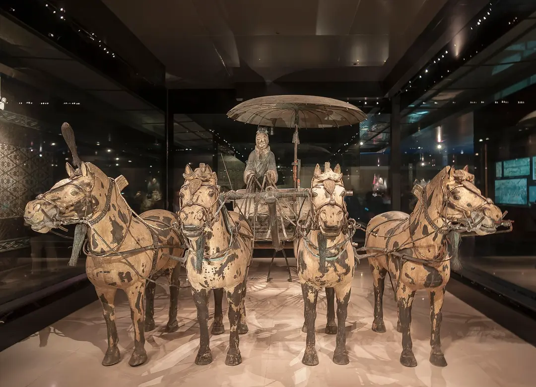 Bronze chariot with four bronze horses and a driver under a parasol, displayed in a glass case